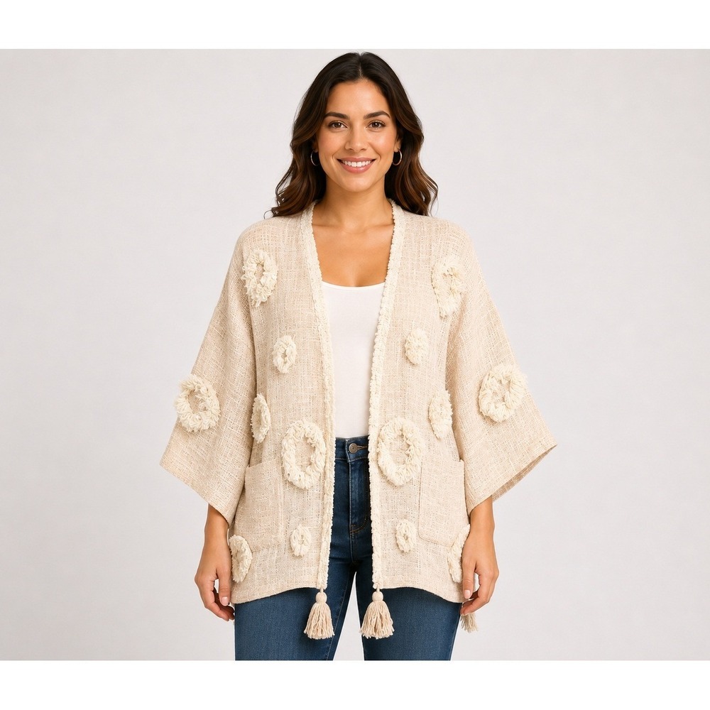 World Market Textured Boho Kimono Jacket Tassel Hem Cream One Size Fringe Cardig